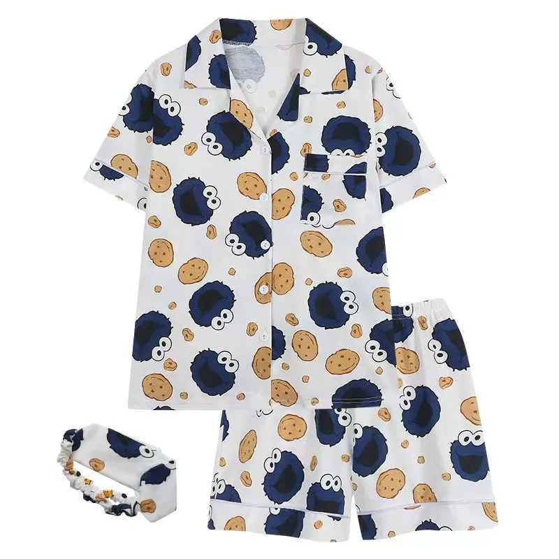 Summer Short Sleeved Pijama Set for Sweet Girls Sesame Print Cartoon Pajama Home Clothes Harajuku Homewear Nightgowns Cotton