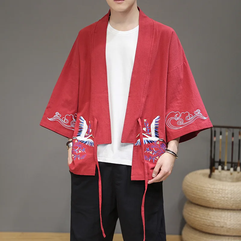 Chinese Men Cardigan Kimono Robe Spring Summer New Cotton Tao Robe Casual Hanfu Large Size 3XL-5XL Print Crane Coat