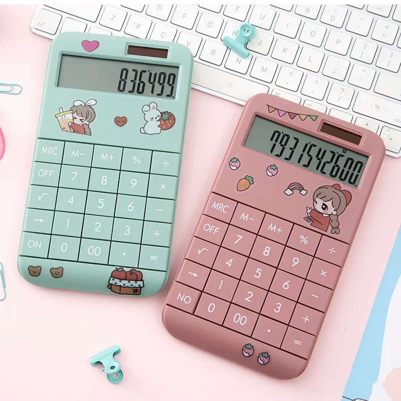 

Cute Cartoon Calculator Fashion Student Portable Calculator Small Solar Financial Cashier Girl 12-bit Computer Dual Power System