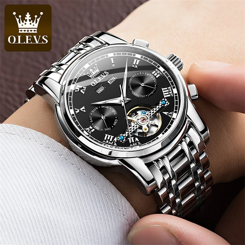OLEVS New Women Couple Watch Tourbillon MechanicalWatches Men Waterproof Stainless Steel Strap Quality Gifts Lovers Wristwatch