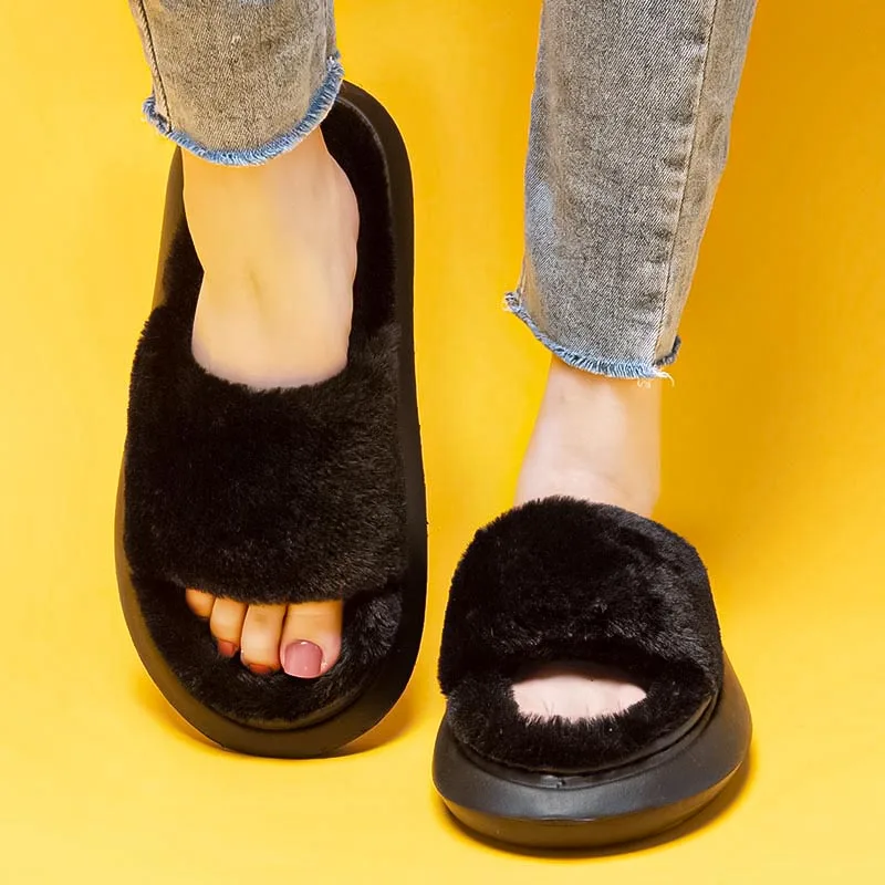 YISHEN Fur Slippers Women Slides Furry Flat Sandals Indoor House Shoes Thick Slides Ladies Flip Flop Luxury Zapatillas De Piel