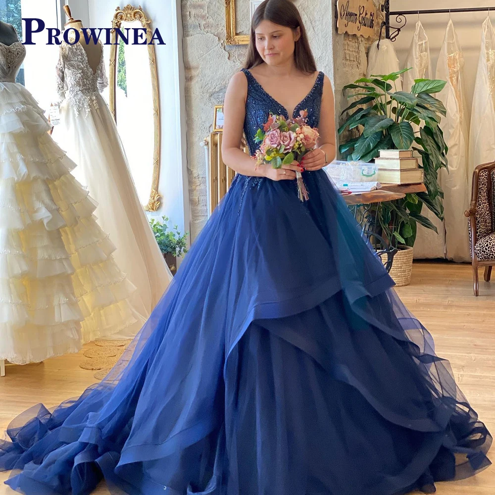 

Prowinea Trendy Sleeveless Deep V-NecK Luxury Celebrity Gown Evening Dress Tulle Tiered De Gala Tank Personalised Floral Print