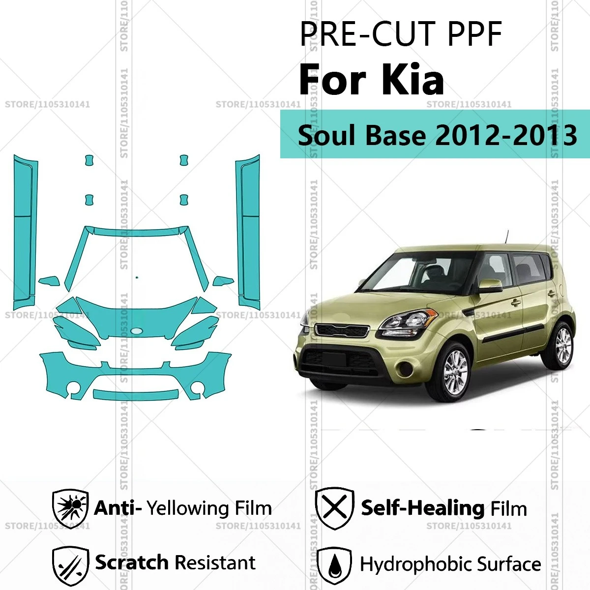 Фото Для Kia Soul Base 2012-2013: Предварительно вырезанная прозрачная защитная пленка PPF для автомобиля, профессиональный комплект PPF для передней части и порогов №1