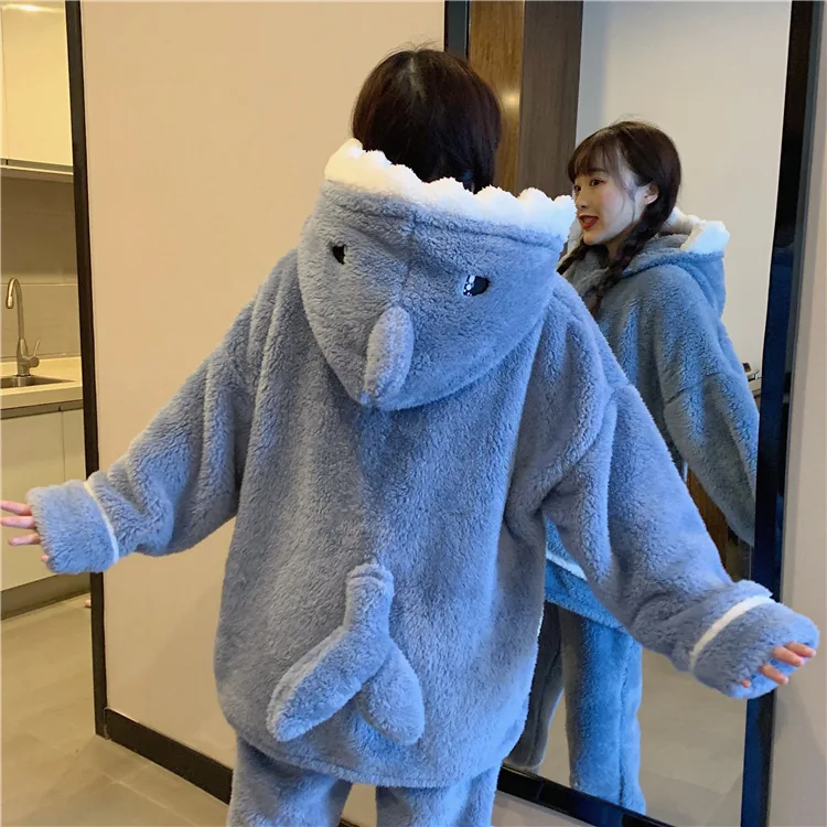 Women Pajamas 2022 Winter Japanese Sweet Temperament Kawaii Style Cute Cartoon Shark Hooded Coral Velvet Home Wear Suit