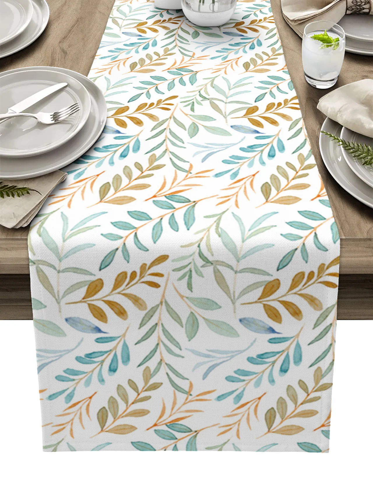 

Summer Watercolor Leaves Table Runner luxury Kitchen Dinner Table Cover Wedding Party Decor Cotton Linen Tablecloth