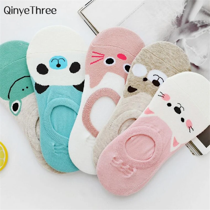 

New Women Candy Color Sock Small Animal Cartoon Short 100% Cotton Boat Socks Breathable Casual Ladies Funny Sock Panda Bear Cat