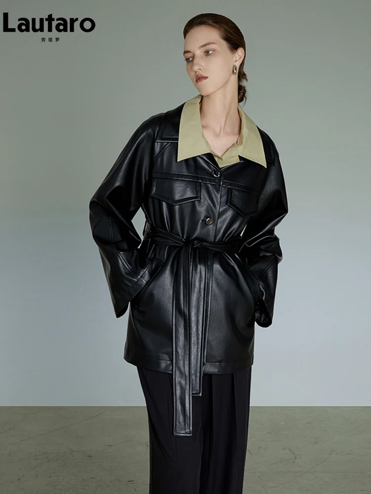 

Lautaro Spring Autumn Black Loose Casual Faux Leather Shirt Women with Raglan Long Sleeve Single Breasted Coats and Jackets 2022