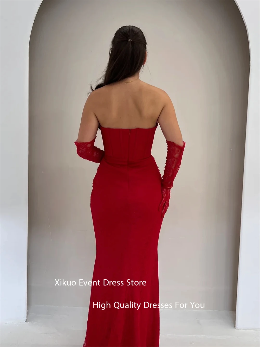 Фото Xikuo Red Lace Evening Dresses Formal Strapless Beading Saudi Arabric Party Gowns Appliques Luxurious Robe De Soirée Customized №2
