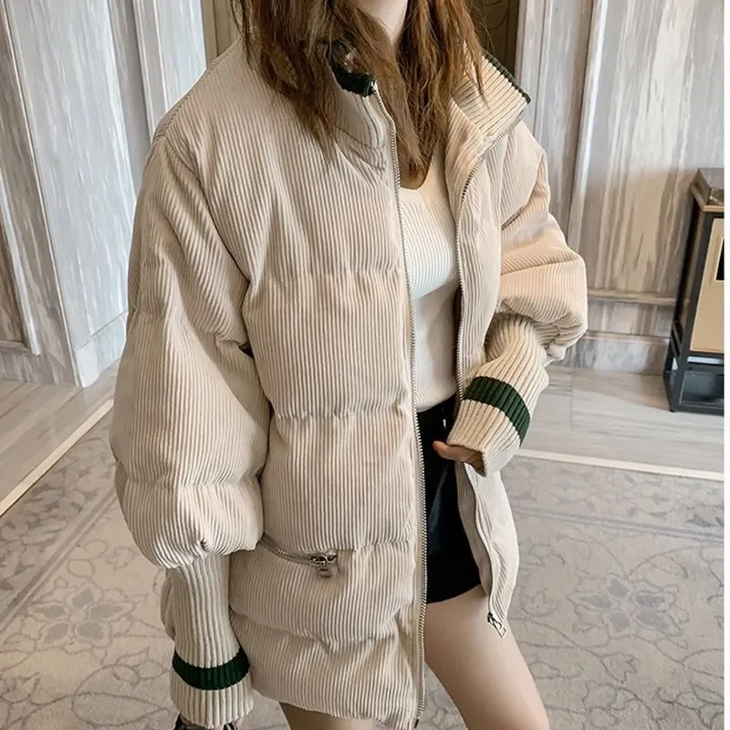 

2023 Winter Woman Jacket Corduroy Padded Coat Lady Parka Loose Student Bread Clothing Thick Outerwear