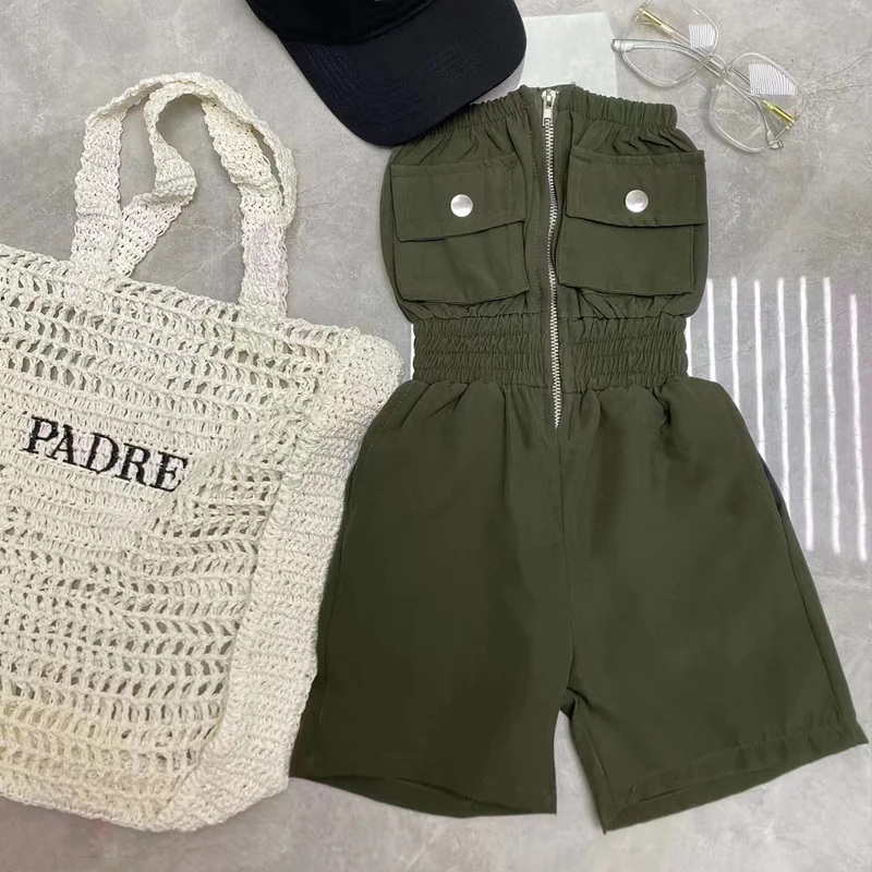 

Summer Girls Overall Baby One Piece Kids Playsuits Children Streetwear Clothes Fashion Cargo Pocket Zipper Camis Cotton 2-13Y