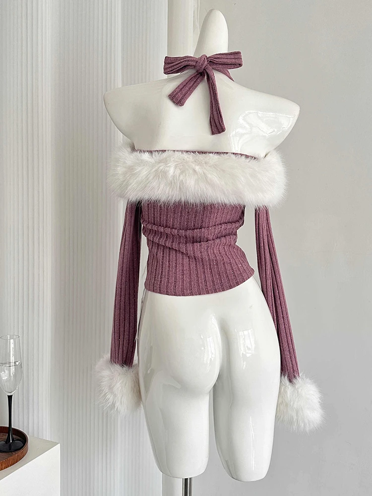 Зимний женский милый пушистый свитер с длинными рукавами трикотаж для девочек