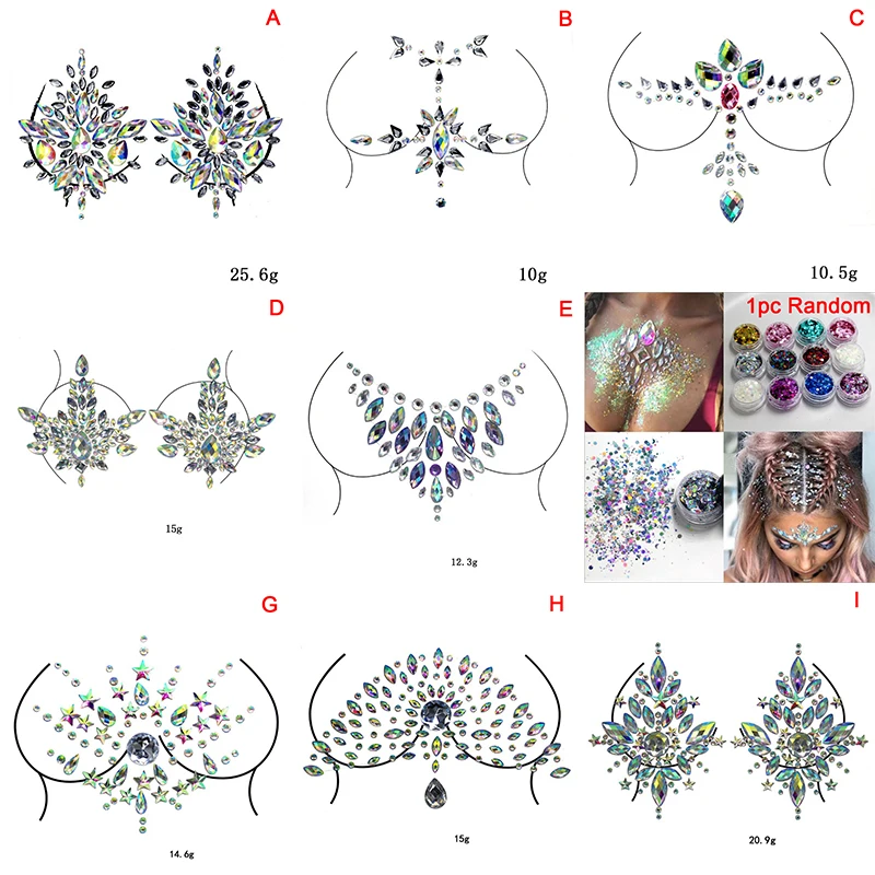 

Fake Tattoo Stickers Chest Jewels Crystal Face Deco Diamond Acrylic Rhinestone