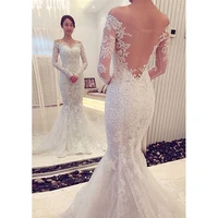 lace wedding dress horn mermaid off shoulder full sleeve small chapel skirt band decal sexy hip wrap open back hollow out design