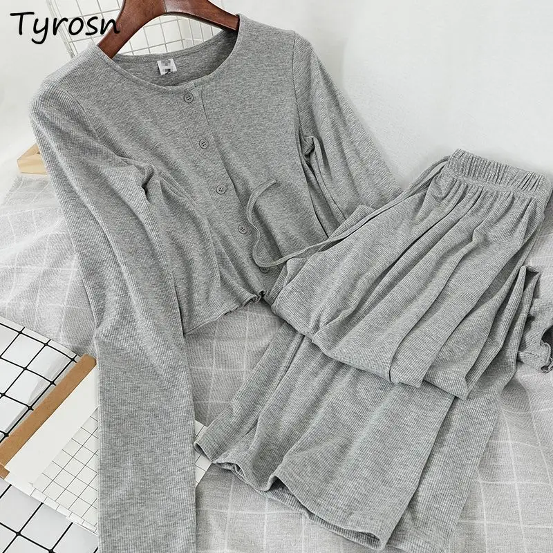 

Women Sets Knitting Slim Single Breasted Cropped Tops Casual Solid Drawstring Wide Leg Pants Korean Fitness Simple Outwear 2pcs