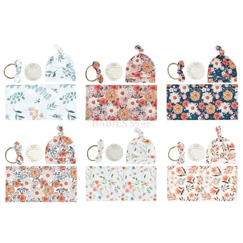 

C9GB 4Pcs Newborn Swaddles Blanket Hat Hairband Bath Towel Wrap Cloth with Fetal Cap Babies Shower Gift for Boys Girls