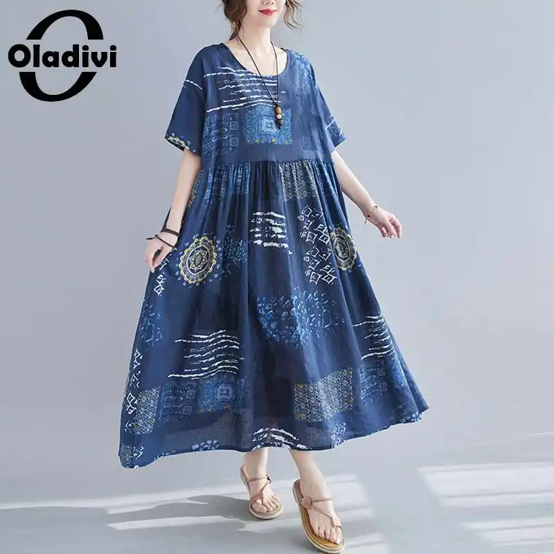 

Oladivi Oversize Boho Beach Wear Oversized Long Dress Fashion Print Women Short Sleeve Summer Casual Dresses Big Tunic Robe New