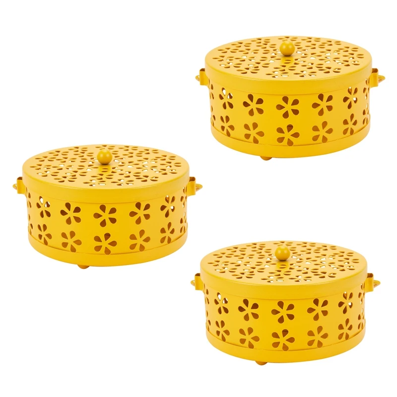 

3X Nordic Retro Metal Hollow Floral Mosquito Coil Holder Garden Burner Mosquito Repellent Box(Yellow)