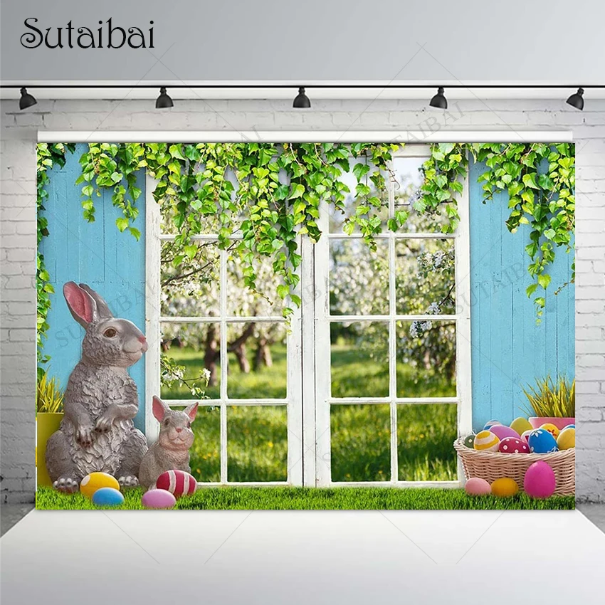 

Spring Easter Backdrops Scenery Grass Photo Eggs Bunny Background Wooden Board Baby Shower Party Banner Vinyl Photographic Props