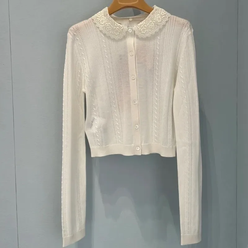 miu white knitted sweater hand-crocheted collar thin cardigan all-match long-sleeved top autumn new style with logo ang tag