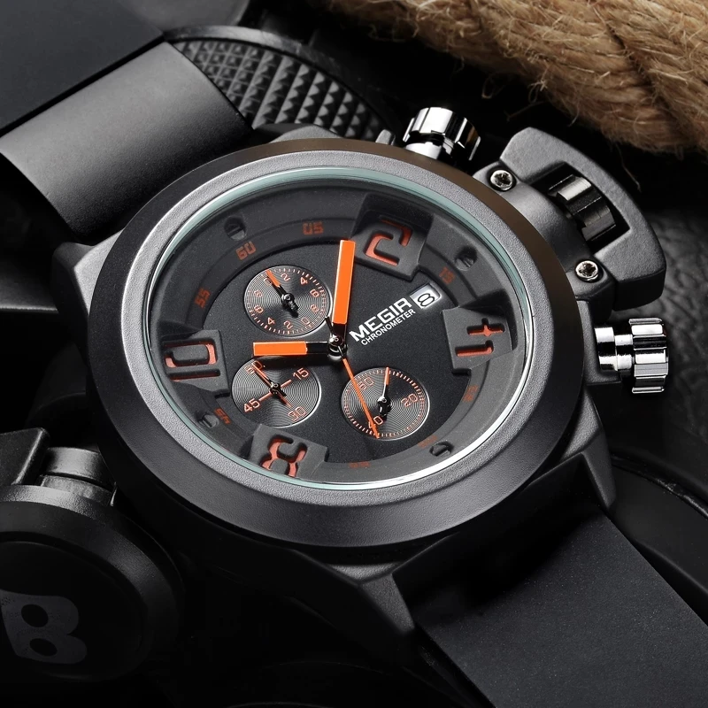 

Megir Fashion Mens Silicone Band Sport Quartz Wrist Watches Analog Display Chronograph Black Watch for Man with Calendar 2002
