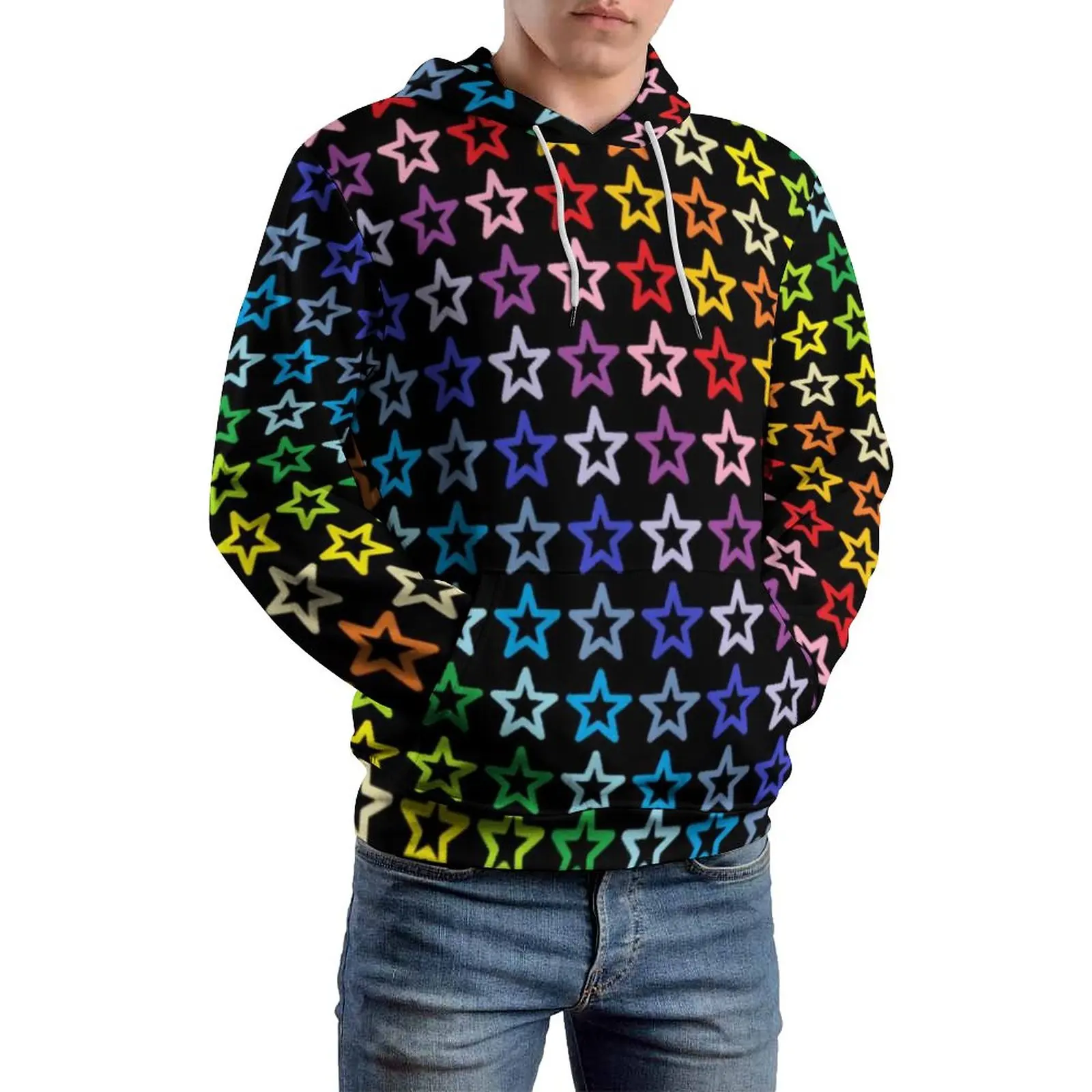 

Broader Spectrum Rainbow Hoodie Outline Stars Print Loose Autumn Hoodies Long Popular Mens Pullover Hoodie Mens Plus Size XXXL