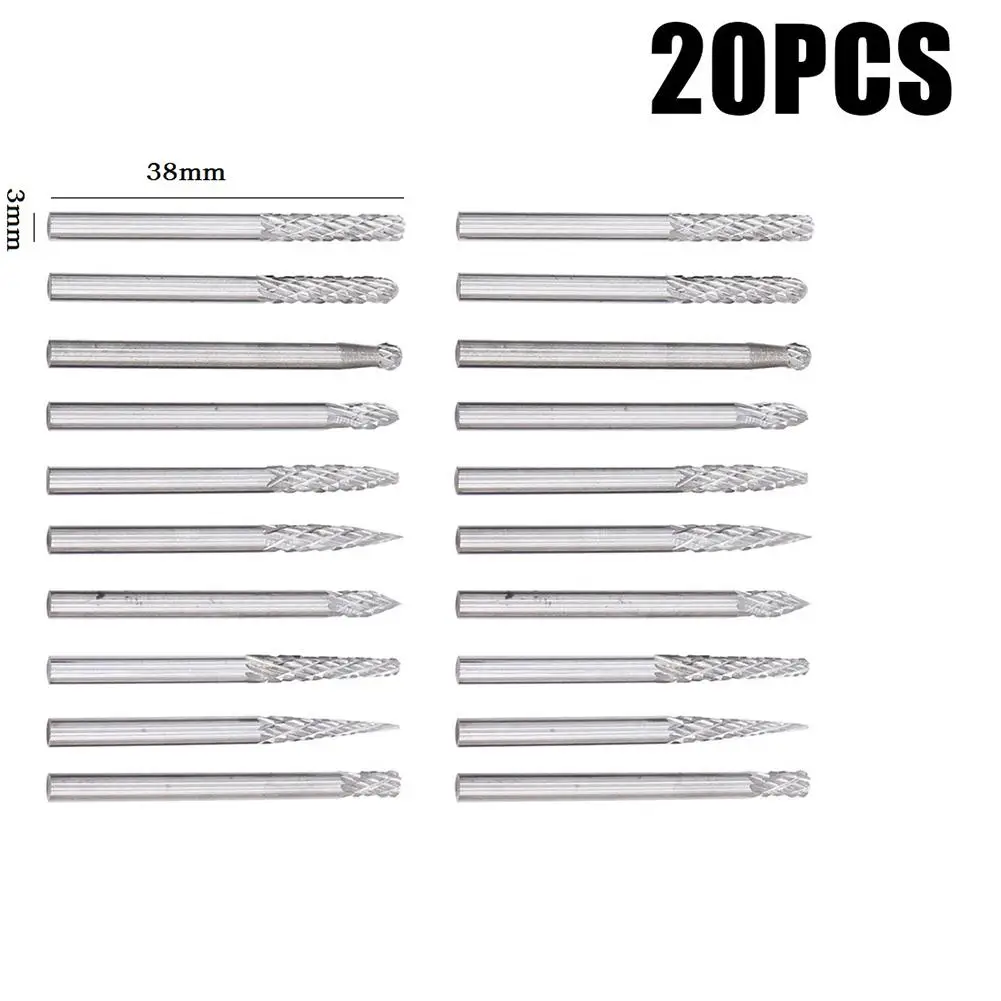 

20pcs 3mm Shank Tungsten Carbide Milling Cutter Double Cutting rotary Burr File Burr Cutting Reamer Tools For Carving