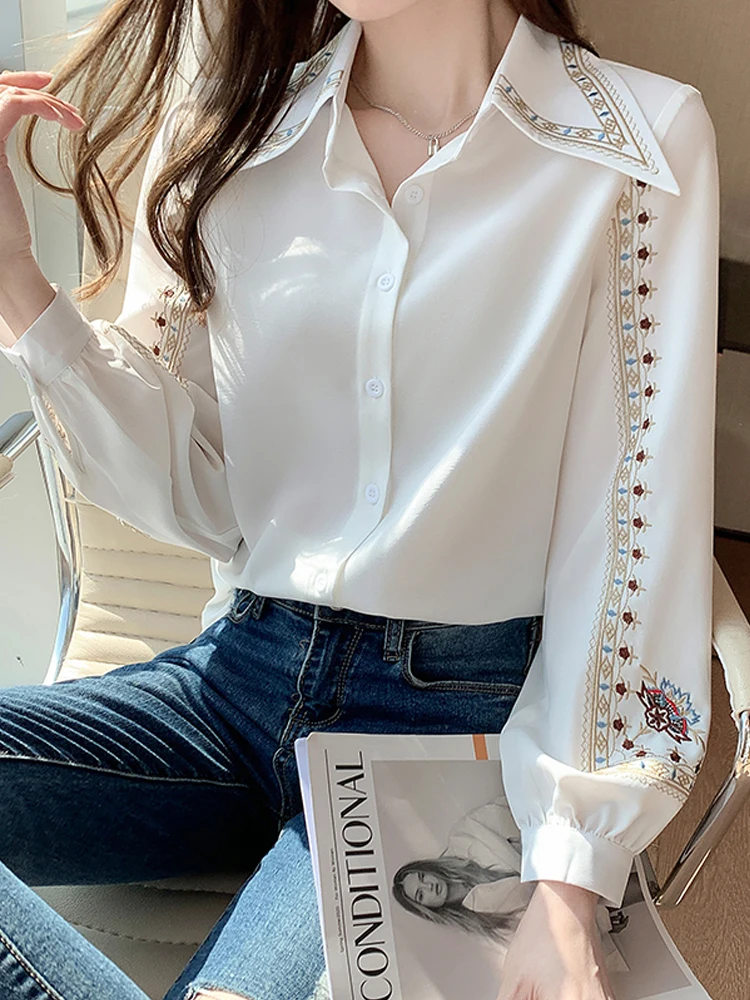 Embroidered Women Shirt High Quality Female Elegant Blouses Ladies Work Wear Shirts White Beige Floral Clothings Chiffon Tops