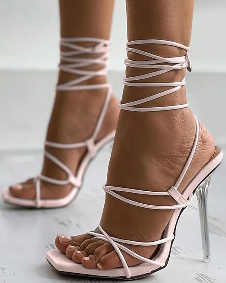 

New Sexy Clear Crytal Heel Women Pumps Ankle Cross Strap Sandals Shoes Woman Ladies Square Toe High Heels Dress Party Shoes