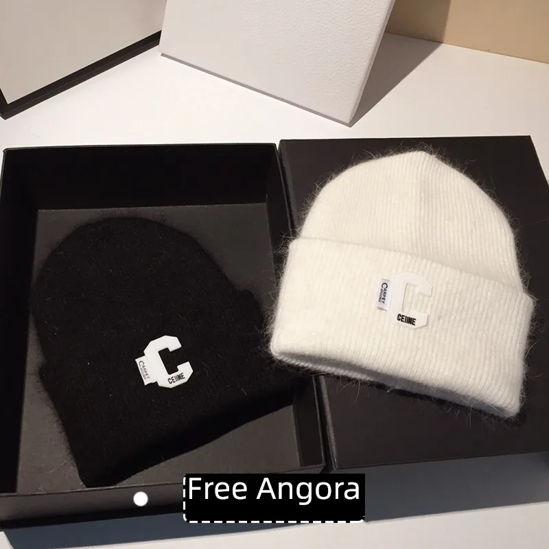 

2022 Winter Rabbit Fur Beanies Hat Women's Fashion Angolan Rabbit Fur Knitted Hat Letter Thickened Warm Cold-proof Knitted Hat
