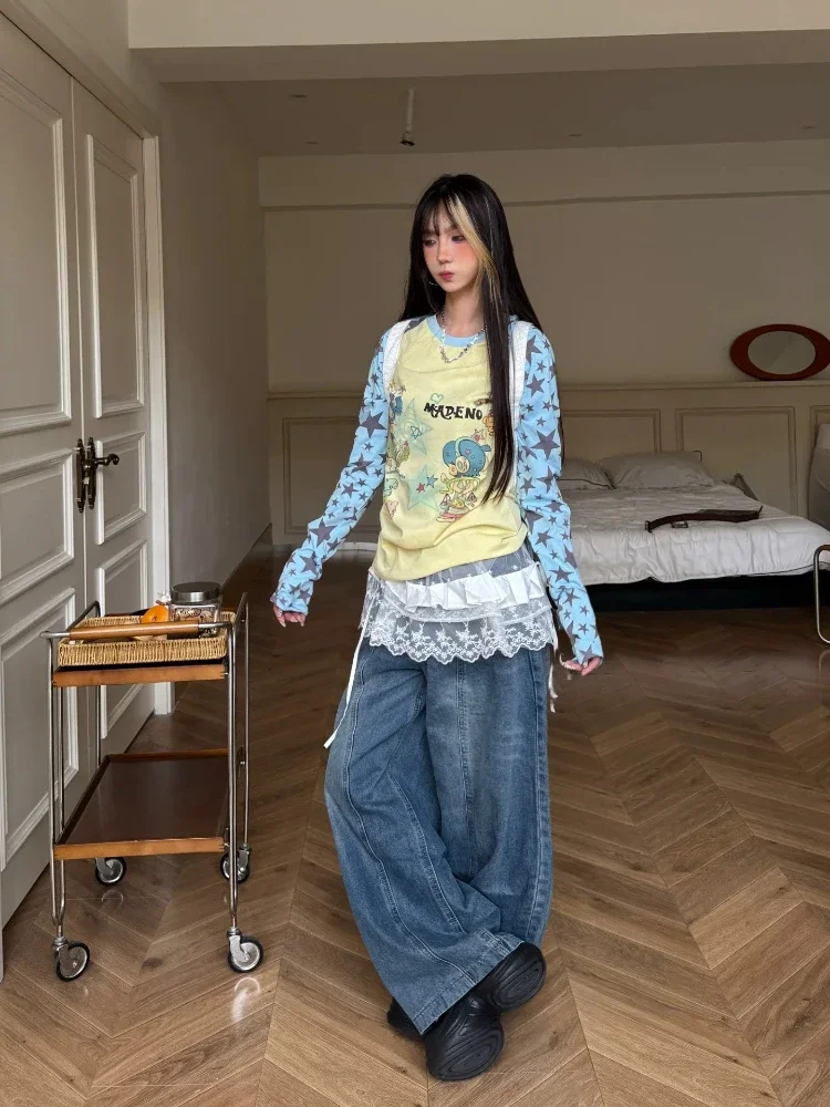 Фото Y2k белые аниме-графические Juminocore женские футболки Harajuku желтые футболки с длинными рукавами в японском стиле тонкие милые эстетические №2