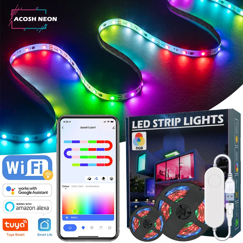 TUYA LED Strip Lights WS2812 RGBIC Addressable Strip Light with Chasing Effect Wifi USB 5V Smartlife Dreamcolor For TV Bedroom