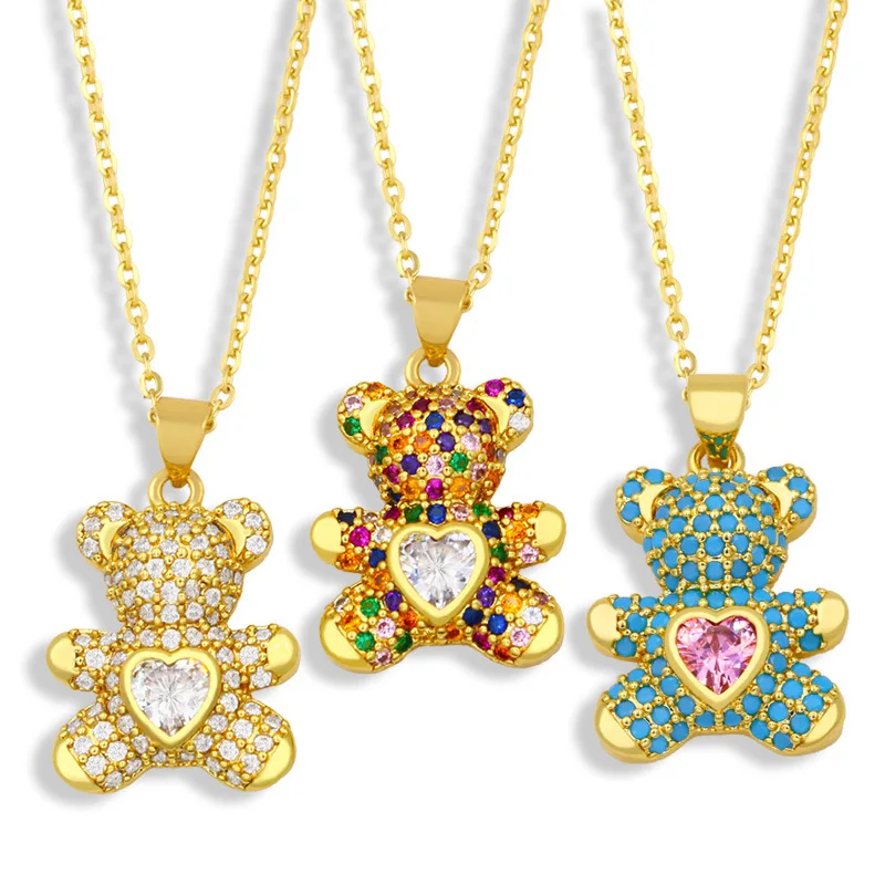 Colorful Teddy Bear Necklace Heart Crystal Pendant Necklace Cute Animal Jewelry For Women Teen Girls