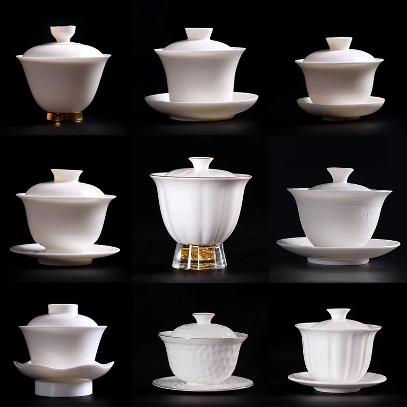 

Белая фарфоровая чаша с крышкой Gaiwan Dehua Town, высокая яркость, чайный заварочный чайник, тибетская керамическая церемония