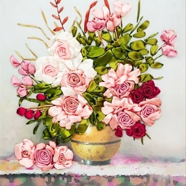 

65X50cm Розовые розы цветы DIY 3d вышивка крестиком комплект рукоделие незаконченная вышивка лентой живопись шить ремесло подарок