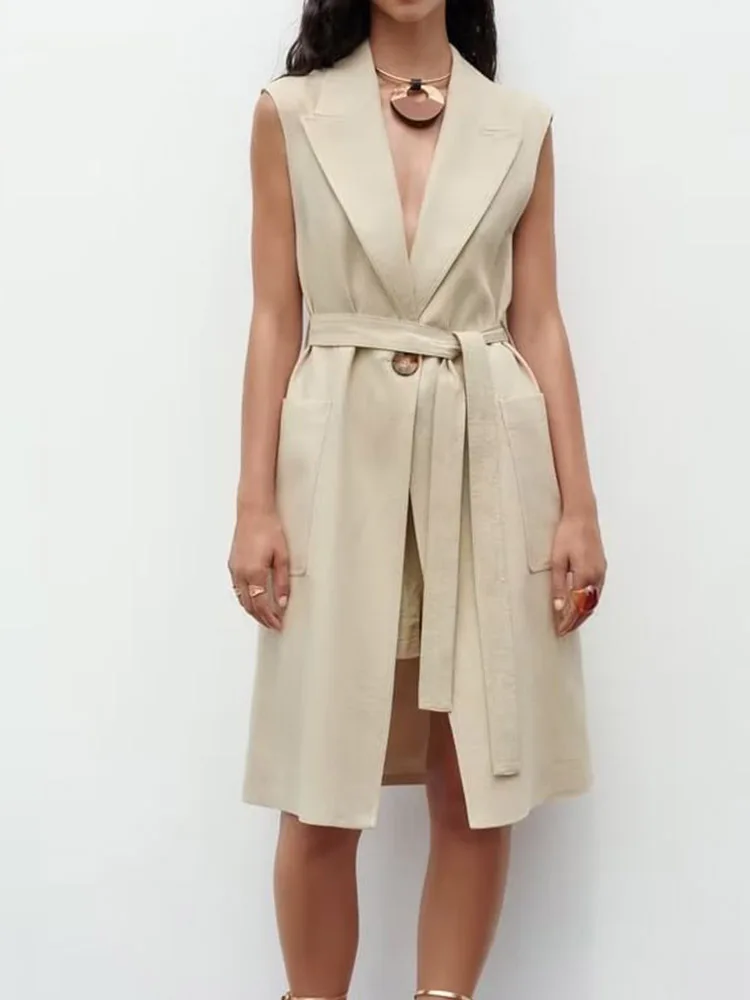 

2023 Women Spring Long Vests Coats Fashion Solid Linen Sashes Bow Tie Waistcoat Female Elegant Street Vest Clothing