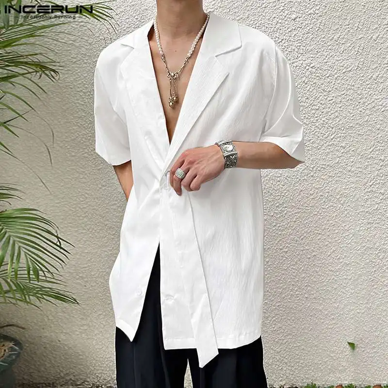 

INCERUN Tops 2023 Korean Style Mens Solid Simple Loose All-match Shirts Casual Fashionable Male Single Button Lapel Blouse S-5XL