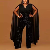 summer black long sequin jumpsuit women streetwear sexy v neck mesh long sleeve high waist sequin pants africa 2022 party
