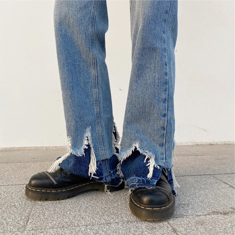 New Fashionable Men's High Street Jeans Side Splits Raw Edge Men's Mopping Flare Pants Trendy Hip Hop Street Men Y2k Jeans Baggy