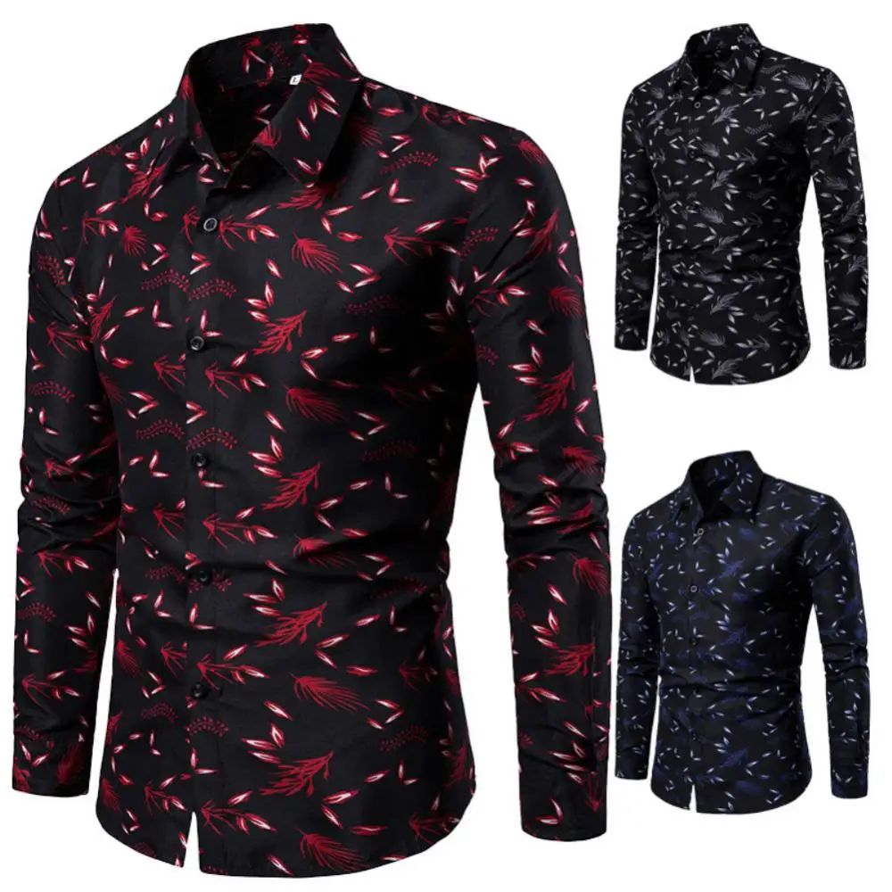

Shirt Buttons Long Sleeve Print Slim Turn Down Collar Casual Women Leaf Plus Size Shirt