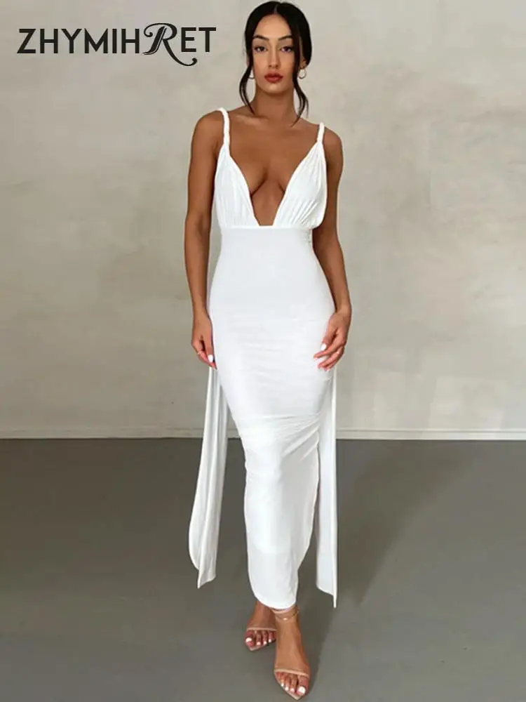 

ZHYMIHRET Long Adjustable Strap Ruched Backless Women's Dress Elegant Deep V Neck Party Summer Long Evening Prom Dresses 2023