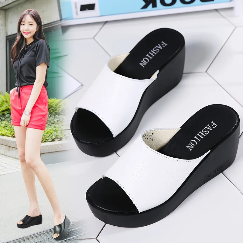 

Solid 7cm Heel Wedges Flat Ladies Slides Thick Platform Woman Sandals Casual Summer Female Slippers Beach Shoes Women High Heels