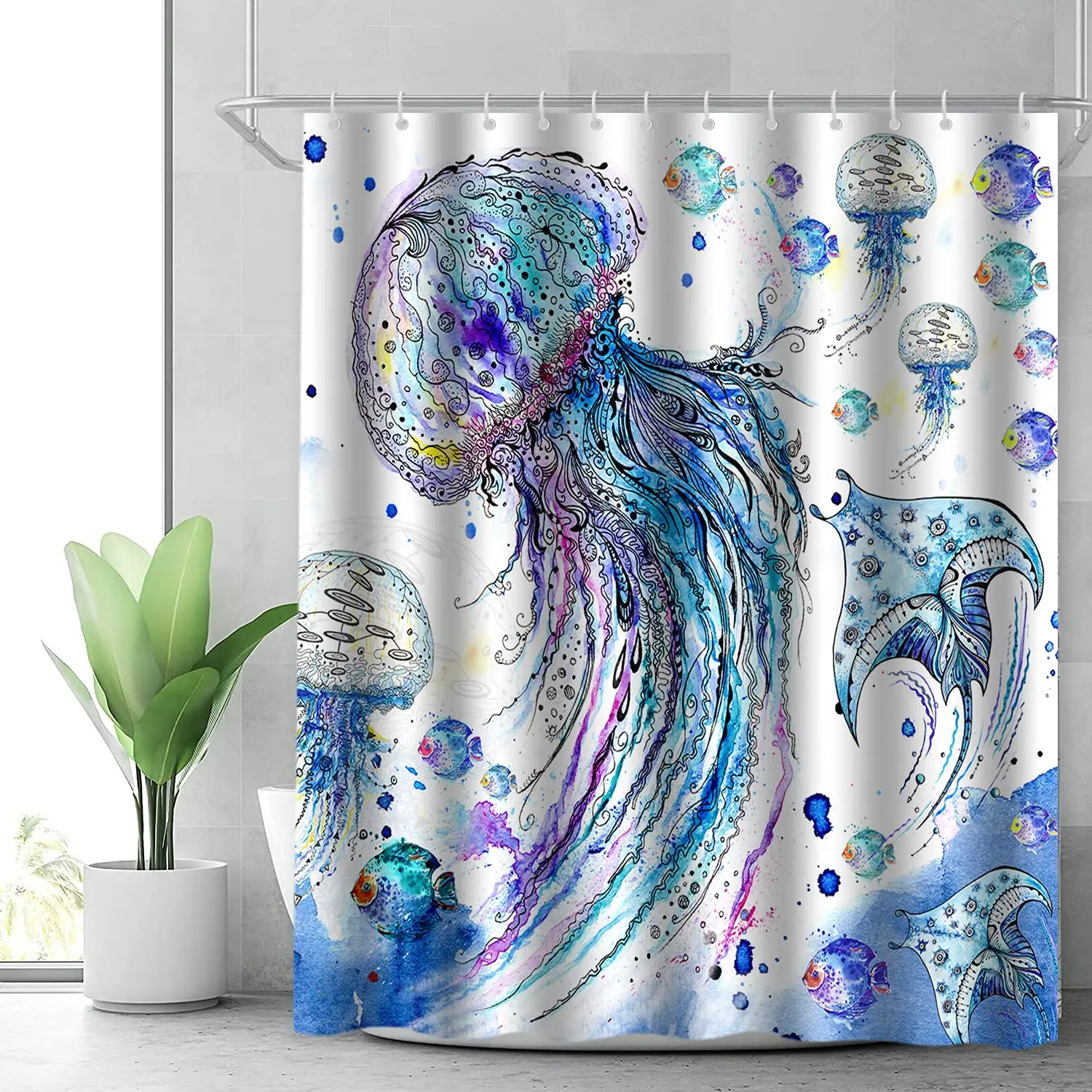 

Ocean Jellyfish Shower Curtain for Bathroom with Hooks Watercolor Sea Animal Shower Curtains Waterproof Fabric Bath Accessories