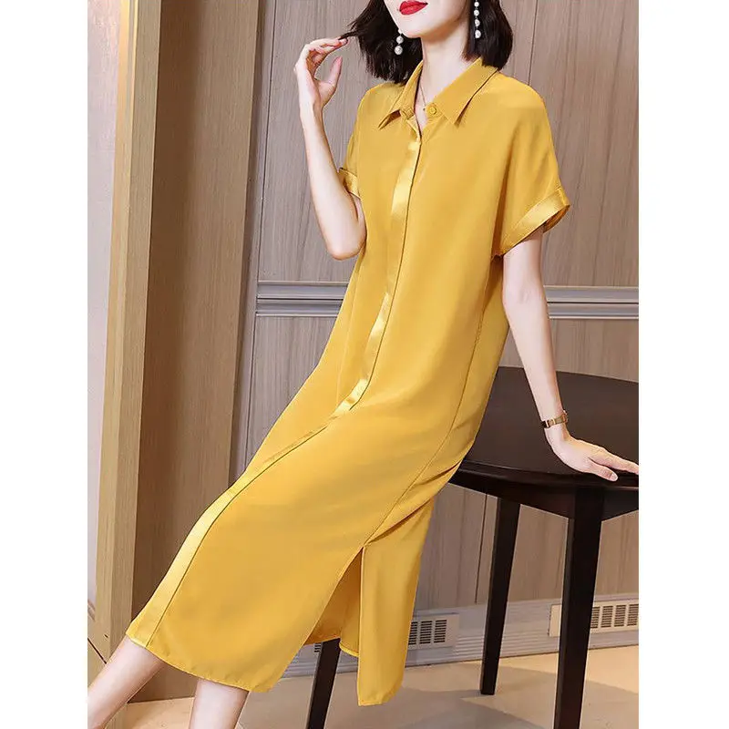 

2022 new summer advanced imitation acetraic acid dress light luxury noble middle-aged large size loose temperament shirt skirt