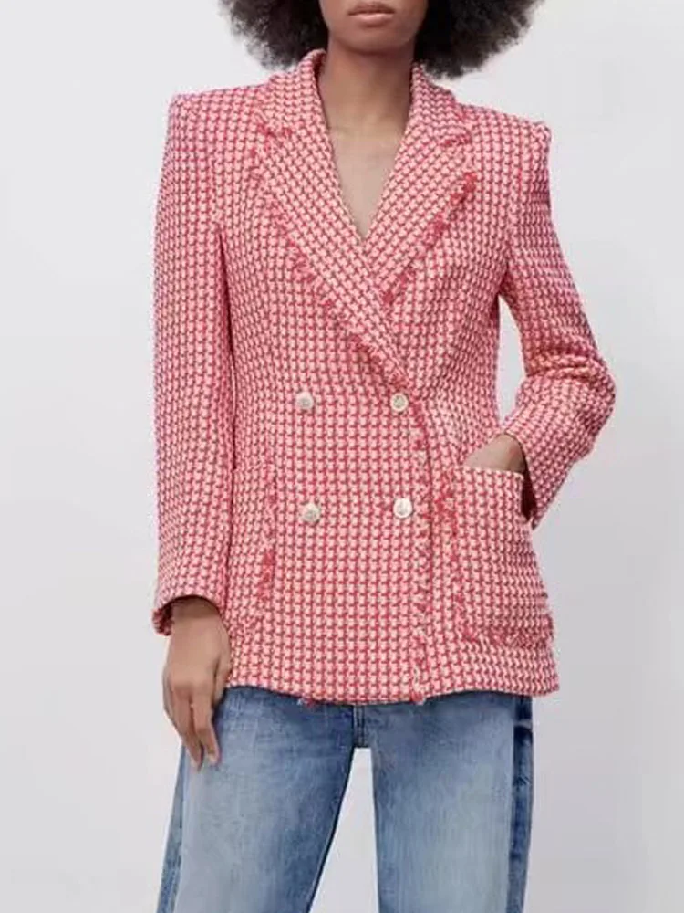 

KUMSVAG 2022 Spring Women Casual Veins Plaid Blazers Coats Full Sleeve Double Breasted Female Fashion OL Street Blazer Outerwear