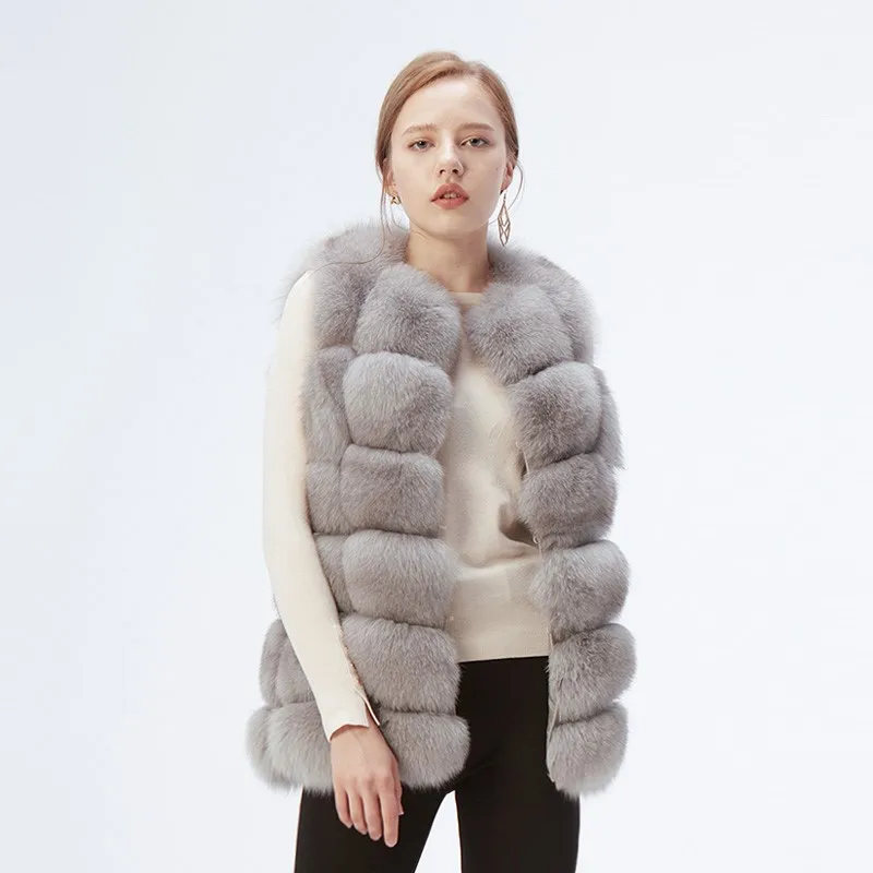 Classical Real Fox Fur Vest Luxury Sleeveless Solid Waistcoat Women Natural Warm Fur Jacket Suitable For Fall Winter Wearing