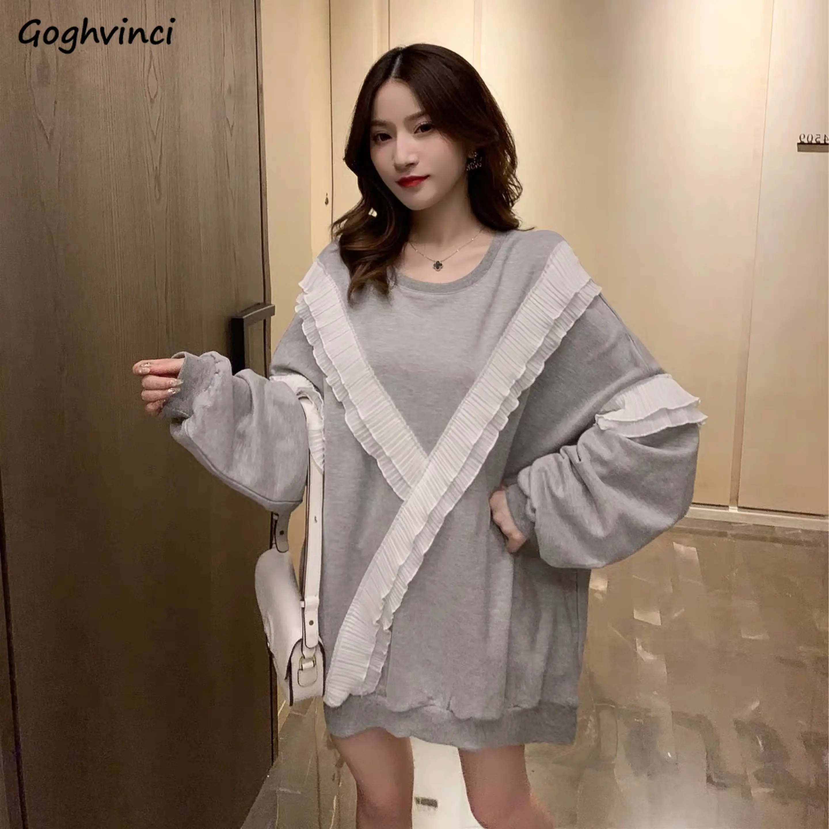 

No Hat Hoodies Female Ruffles Solid Hot Sale Spliced Panelled All-match Simple Ulzzang Trendy Loose Sweet Casual Elegant Young