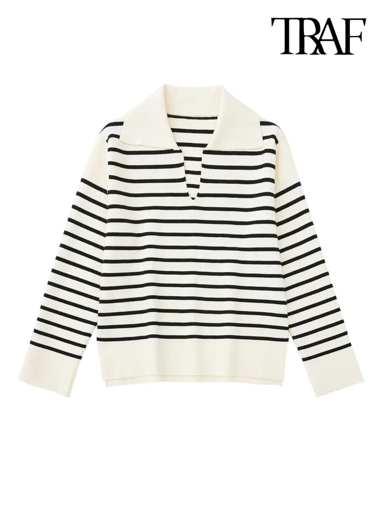 

TRAF Women Fashion Loose Striped Knit Sweater Vintage Lapel Collar Long Sleeve Female Outerwear Chic Tops