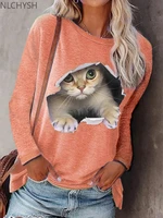 women autumn and winter t shirts long sleeved round neck cat ptinting shirts casual pullover plus size ladies tops
