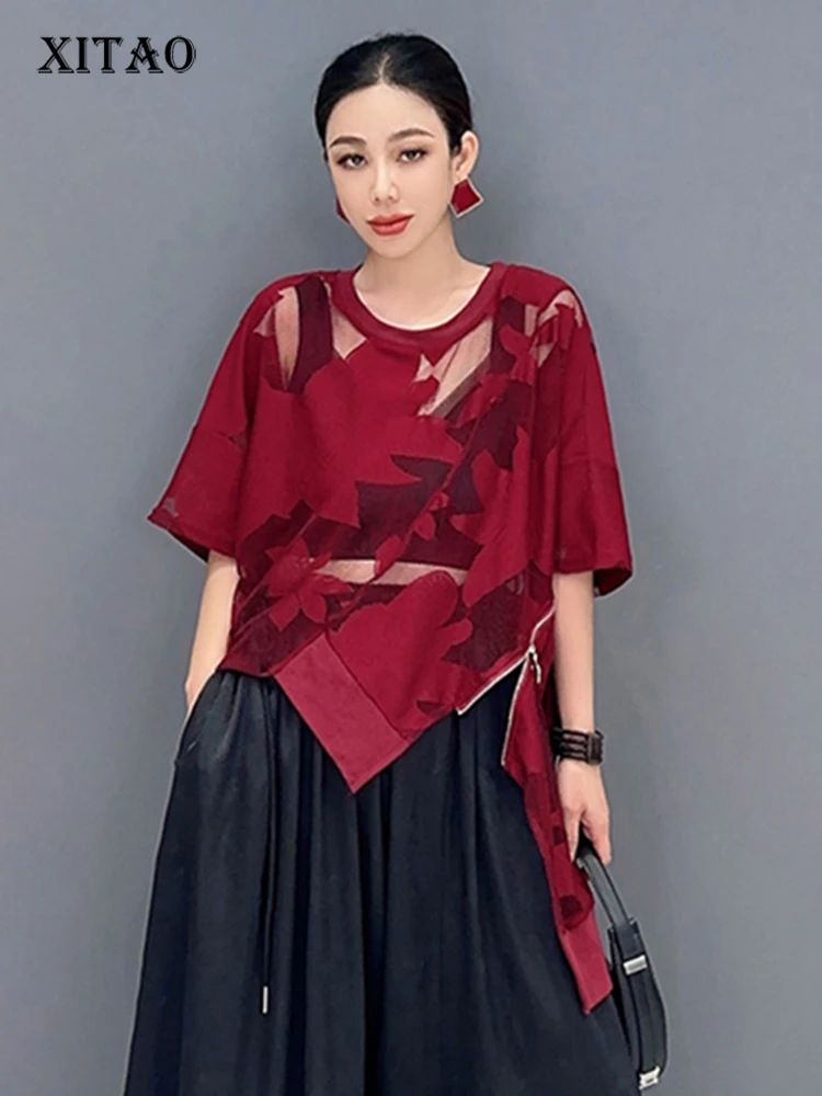 

XITAO Irregular Casual T-shirts Personality Gauze Print Women 2023 Summer New Arrival Trend O-neck Temperament Top DMJ1455