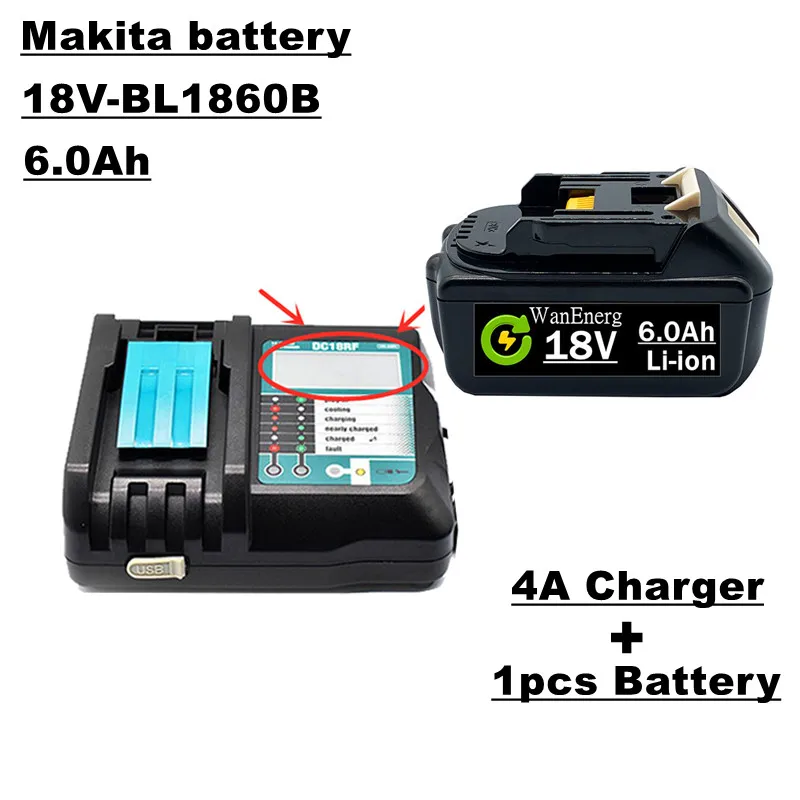 

18V lithium ion rechargeable battery,6.0ah,for 18V power tools bl1860,bl1840,bl1850,bl1830, bl1860b, etc., 1 battery +4a charger